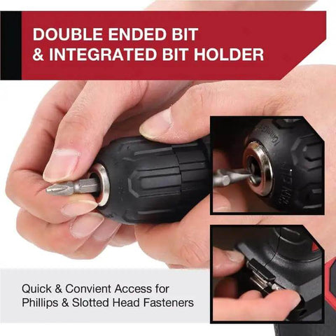 Close-up of Straight Up No Sweat Cordless Drill With Variable Speed Lithium Ion Battery And Charger Set showing double ended bit and integrated bit holder.