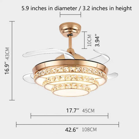Fresh 42 Inch Gold Crystal Ceiling Fan With Silky Quiet Blades And Straight Fire LEDs Three Color Changing Modes dimensions diagram