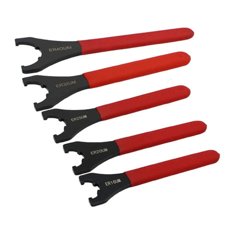 Heavy Duty ER Spanner Wrench For Collet Chuck Holder Spindle Nut Fits ER16 To ER50 Precision Tool Grip set, red handles.