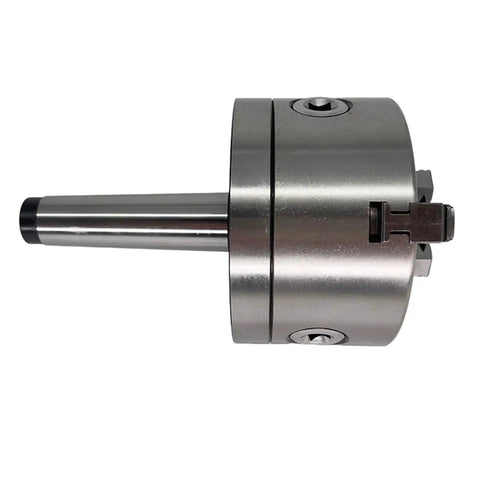 Upgrade Your Mini Lathe With This Rockin K11-80 3-Jaw Chuck And Mt2-80 Flange Adapter showing heavy-duty metal chuck and shaft.