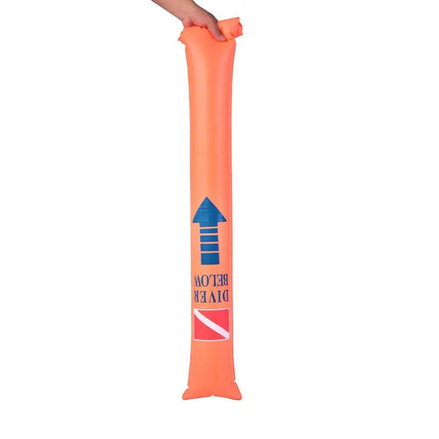 Person holding orange All-In-One High Visibility Surface Marker Buoy For Scuba Diving, Inflatable Signal Tube Set, safety design visible