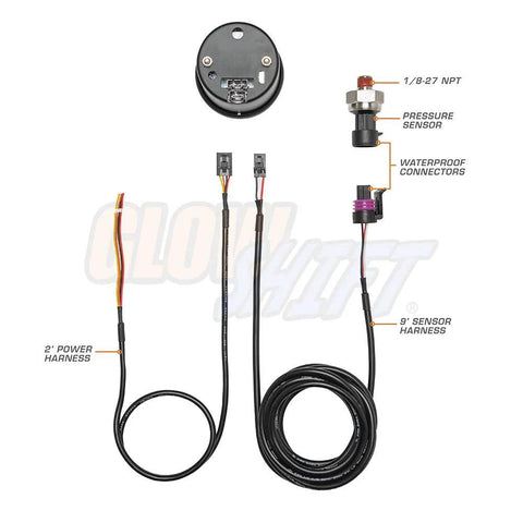 GlowShift 52mm oil pressure gauge kit with multi-color LED display and 1/8-27 NPT sensor, wiring harnesses.