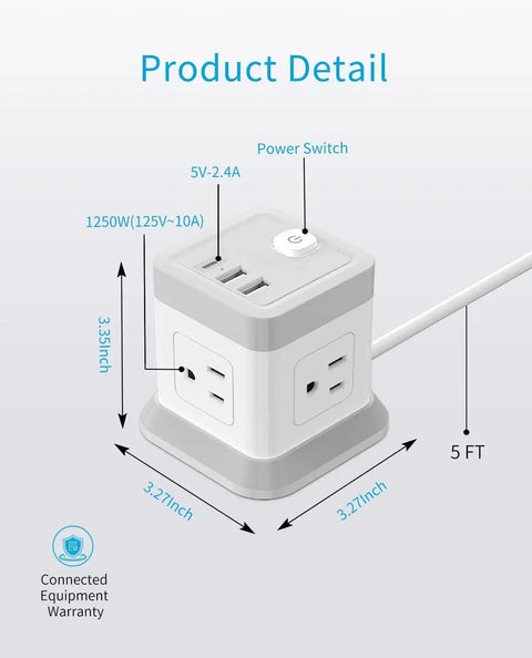 Compact 2 Prong Power Strip With USB Ports And Flat Plug Four Outlets And Three USB Ports Five Foot Power Cord Desktop Charging Station With Overload Protection Ideal For Non Grounded Outlets And Small Spaces