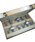 Heavy Duty 11 Piece Router Bit Set Featuring Solid Steel Bodies And Razor Sharp Carbide Tips Cuts Sweet On Handheld Or Table Wood Routers Built Damn Tough For Professionals, arranged in a wooden box.