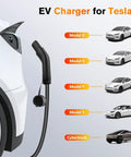 Plug And Play Portable EV Charger Level 1 And 2 With 21 Foot Cable Nema 14 50P Nacs Connector For Tesla Models 3 Y S X charging in use.