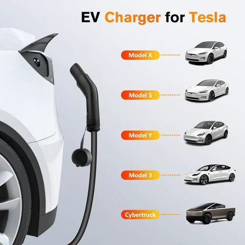 Plug And Play Portable EV Charger Level 1 And 2 With 21 Foot Cable Nema 14 50P Nacs Connector For Tesla Models 3 Y S X charging in use.
