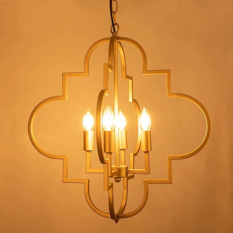 Golden Orb Chandelier Four Light Pendant Ceiling Fixture In Candle Style Geometric Design For Dining Room Foyer Hallway Entryway Living Room Brighten Your Space With Modern Glam Gold Finish 22.4 Inch Diameter with candles lit