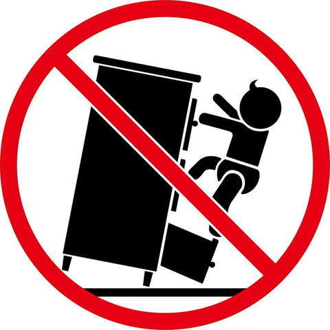 Safety warning graphic of child climbing furniture with red prohibition circle