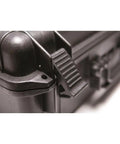 Detail of latch on black protective case for Super Lightweight Portable Magnetic Drill Press By CS Unitec MAB 100 K.