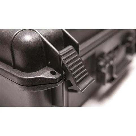 Detail of latch on black protective case for Super Lightweight Portable Magnetic Drill Press By CS Unitec MAB 100 K.
