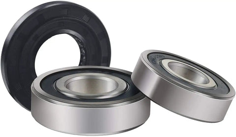 Built Tough Front Load Washer Tub Bearing Seal Kit With Upper Lower Drum Bearings and Heavy Duty Splash Shield For Compatible Lg WM Series Laundry Rigs Quick Snap Fix, two silver drum bearings and a black seal.