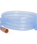 Coiled blue translucent 1/2-inch siphon hose with copper fitting and blue end cap for gasoline transfer