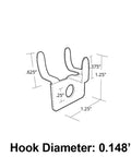 Diagram of metal pegboard prong hook with dimensions showing 0.148" diameter, fits standard pegboard, galvanized steel construction.