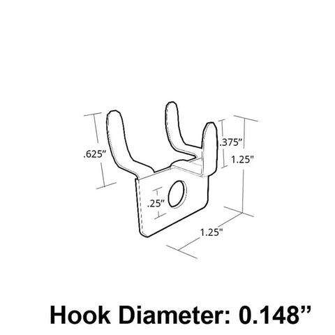 Diagram of metal pegboard prong hook with dimensions showing 0.148" diameter, fits standard pegboard, galvanized steel construction.