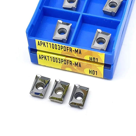 Front view of ten carbide inserts (APKT1003/APKT1604/APGT1604) in a blue storage case, MA H01