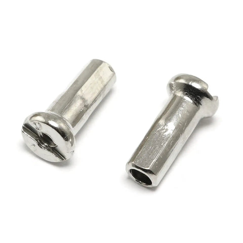Close-up of 36 Piece MTB Spoke Nipples, 12mm Length, 14G 2mm Diameter, Silver Carbon Steel, Rust Resistant for bike wheel builds.