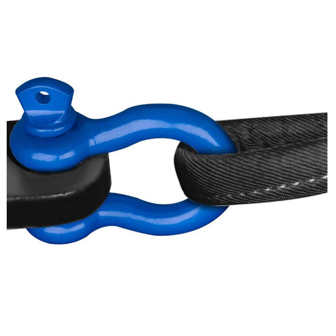 Blue powder coated heavy duty forged steel bow shackle connecting towing strap, part of Three Quarter Bow Shackle Set 57,000 lbs