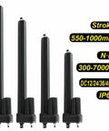 Bulletproof 24V Linear Actuator Motor Delivering 2000N Thrust Across An 850mm Stroke Class IP65 Weather Sealed Design showing four linear actuator models with varying dimensions.