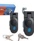 Front view of two-pack black flush-mount compression latches with blue release buttons and included keys