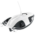 White and black underwater camera drone with tether, Your Go To Underwater Camera Drone For Boating And Fishing With 4K UHD Video And 12MP Stills, 164Ft Waterproof Tether, 3000mAh Battery Up To Four Hours, Wireless Base Station Remote Control For Diving And Ocean Adventures, The Advanced Version.