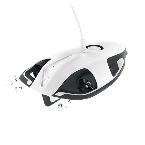 White and black underwater camera drone with tether, Your Go To Underwater Camera Drone For Boating And Fishing With 4K UHD Video And 12MP Stills, 164Ft Waterproof Tether, 3000mAh Battery Up To Four Hours, Wireless Base Station Remote Control For Diving And Ocean Adventures, The Advanced Version.