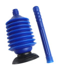 Heavy Duty Accordion Toilet Plunger For Bathroom Use High Pressure Blue Pvc Bellows Tool, compact blue design with black base.