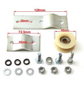 Awesome Pulley Chain Tensioner Bracket Roller Kit Fits 50cc To 80cc Motorized Bike Engine Perfect For Upgrading Your Push Bicycle With Super Smooth And Durable Transmission Performance. Silver steel chain tensioner bracket kit with roller, bolts, washers, and nuts, 128mm bracket