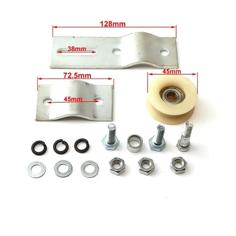 Awesome Pulley Chain Tensioner Bracket Roller Kit Fits 50cc To 80cc Motorized Bike Engine Perfect For Upgrading Your Push Bicycle With Super Smooth And Durable Transmission Performance. Silver steel chain tensioner bracket kit with roller, bolts, washers, and nuts, 128mm bracket