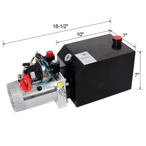 Heavy Duty 12 Volt Hydraulic Power Unit With 6 Quart Steel Tank And 3HP Pump, measuring 18.5x10x7 inches, durable black steel construction.