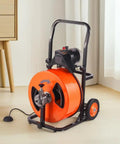 Electric Sewer Auger Auto Feed Knocks Out Clogs In Minutes with orange drum, foot pedal, and wheels for easy mobility.