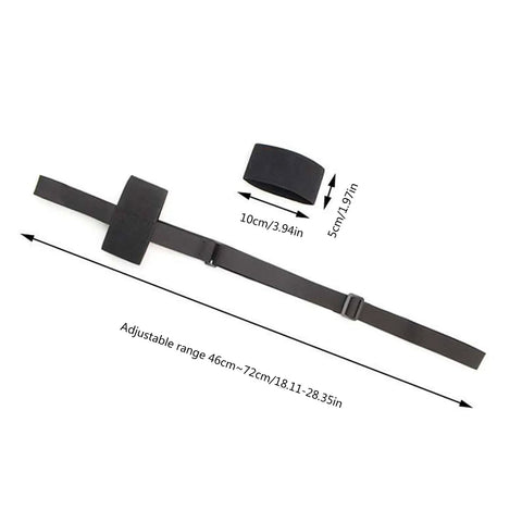 Black adjustable strap with dimensions, shown alongside small curved pad, both in a top-down view with measurement labels.