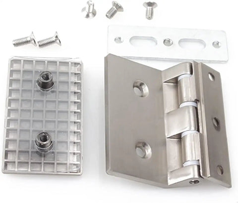 Heavy Duty Stainless Steel Glass Door Hinges Four Pack Silky Smooth Sliding Window Clip Hardware For Office Spaces with mounting plate and screws.
