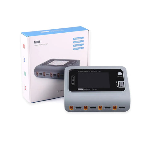 Four Port RC Battery Charger With 4X50W Output For LiPo 1 To 4S, AC DC Smart Balance Charger with packaging, showing 4 independent channels.