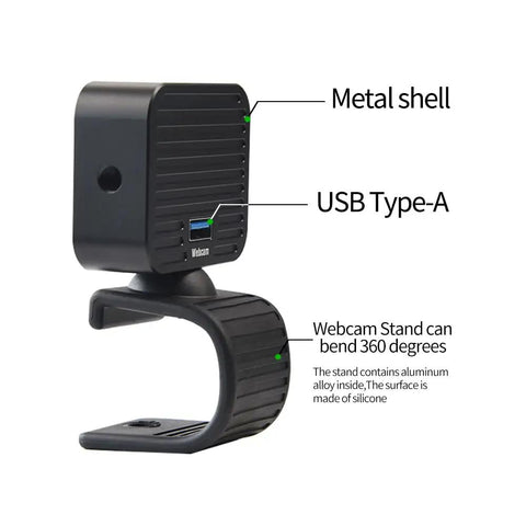Side view of 4K USB Webcam With Microphone And Detachable Stand, Autofocus, Plug And Play Streaming Camera highlighting metal shell and USB Type-A port.
