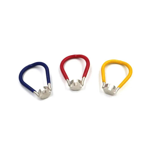 3 color wrenches in blue, red, yellow for 4 Pack Spoke Wrench Bicycle Tool Kit 6 In 1 Wheel Spokes Rim Adjuster For Trueing Bikes Works With Nipple Sizes 10 To 14 Mm Metric And SAE Essential Bike Maintenance Gear For Quick No Fuss Wheel Truing