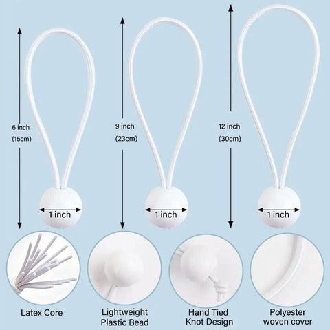 Go To 30 Pack Ball Bungee Cords For Camping And Canopy Tarp Shelter Includes 6, 9, And 12 Inch Cords UV resistant diagram
