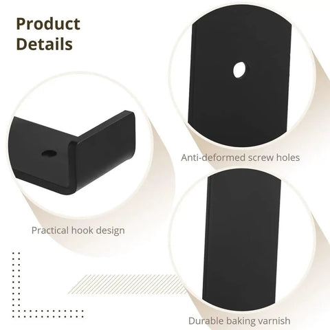 Tough As Nails Heavy Duty L Shelf Brackets Four Pack Black showing practical hook design and anti-deformed screw holes.