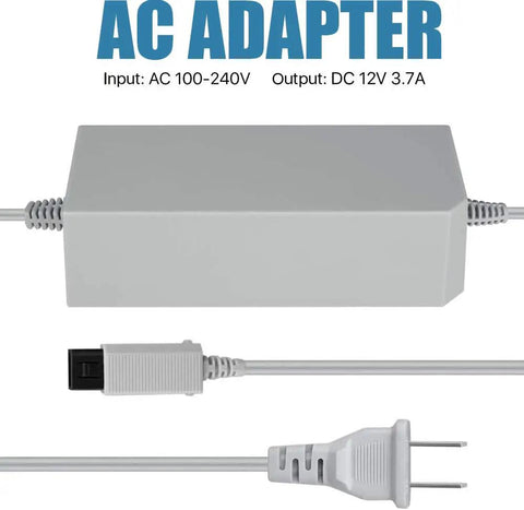 4 In 1 Wii Replacement Cables Set AC Power Adapter with plug and input-output details.