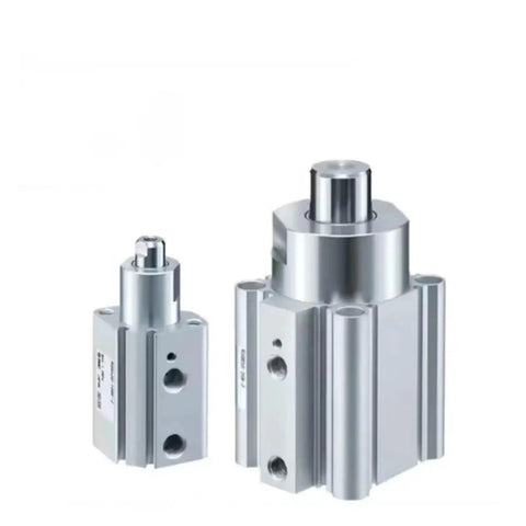 Heavy Duty Pneumatic Air Cylinder Stop Block Actuator RSDQB Series in silver, showcasing two sizes for industrial automation.