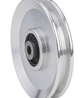 110mm CNC Machined Aluminum Cable Pulley Wheel With 6202RS Bearings For Home Gym Quiet Smooth Operation Built To Last AL6061 Aircraft Grade Aluminum Fitness Roller Silver 1 Pack, silver side view