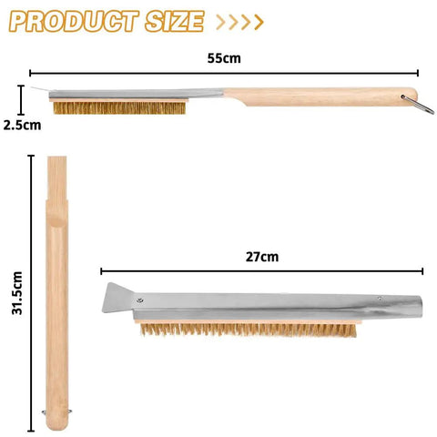Long Reach Pizza Oven Cleaning Brush With Stainless Steel Scraper And Screwdriver 21 Inch Handle No Scratch Brass Bristles