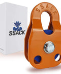 Beefy Heavy Duty Snatch Block For Winches With Synthetic Rope, Off Road Recovery Pulley, 29,000 Lb Max Load, Orange Color, Rugged Durable Pulley Block For Vehicle Recovery And Winching. Orange snatch block with synthetic rope beside box.