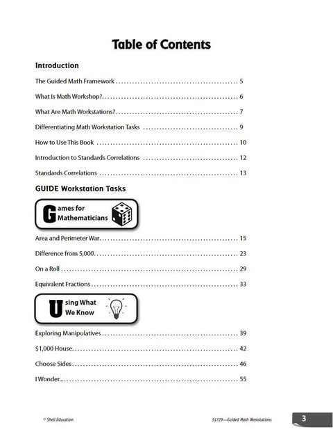 Table of contents page from Hands On Math Workstations For Grades 3 To 5: A Real World Guide To Guided Math In Elementary Classrooms