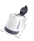 Road Trip Ready 12V Electric Hot Water Kettle with secure lock lid, stainless steel interior, and cool touch handle, compact size.