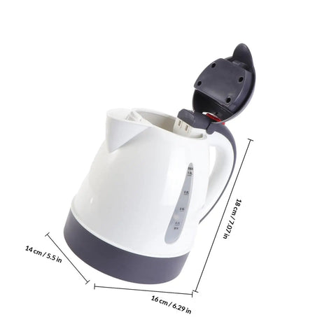 Road Trip Ready 12V Electric Hot Water Kettle with secure lock lid, stainless steel interior, and cool touch handle, compact size.