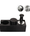 Adjustable Espresso Tamper Base With Dead Simple Leveling And Smart Compartment Storage For 58Mm 53Mm 51Mm Portafilters, black design.