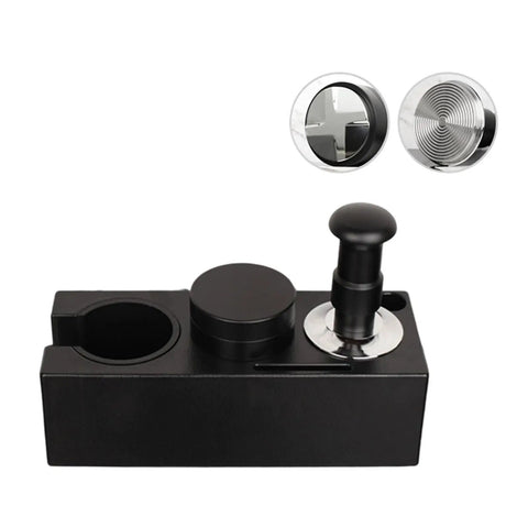 Adjustable Espresso Tamper Base With Dead Simple Leveling And Smart Compartment Storage For 58Mm 53Mm 51Mm Portafilters, black design.