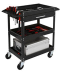 Beefy Three Tier Rolling Tool Cart With Drawer On Wheels, 330 LBS Capacity Heavy Duty Utility Cart With Two Brakes, Industrial Steel Tool Organizer For Garage, Mechanic Shop, Warehouse And Repair Bay, black steel with drawer and wheels
