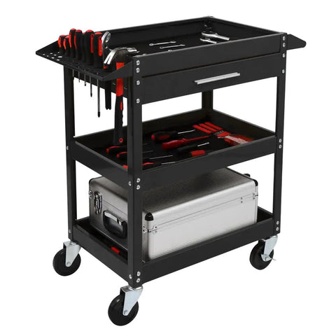 Beefy Three Tier Rolling Tool Cart With Drawer On Wheels, 330 LBS Capacity Heavy Duty Utility Cart With Two Brakes, Industrial Steel Tool Organizer For Garage, Mechanic Shop, Warehouse And Repair Bay, black steel with drawer and wheels