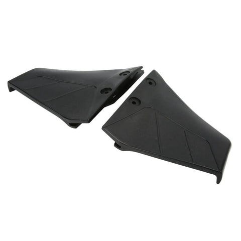 Two black ABS hydrofoil stabilizers for small outboard boats 4 to 50 HP, reducing bow rise and cavitation, enhancing speed stability.